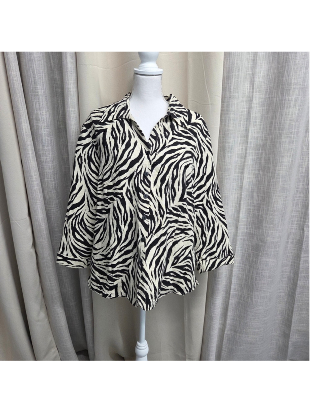 Silkland Black White Blouse Beadwork Maximali Animal Zebra Size 2X